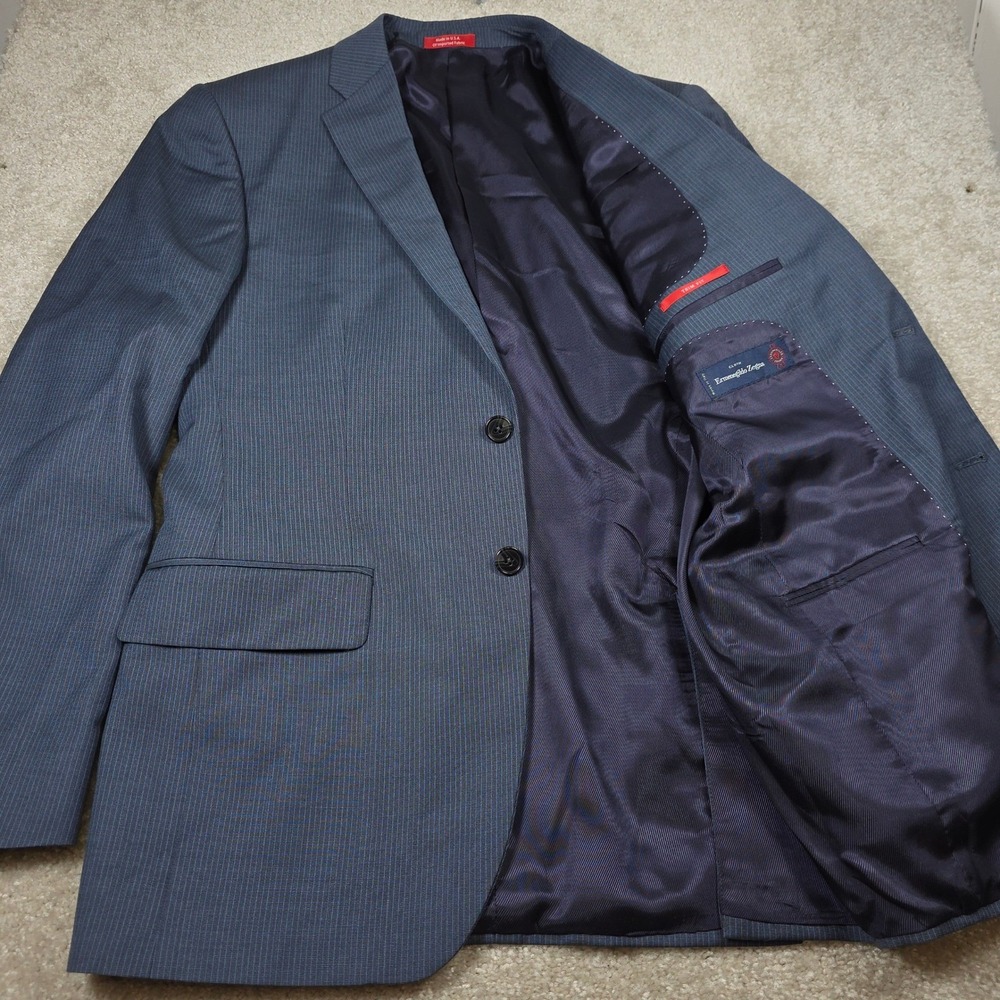 Saks Fifth Avenue RED Blazer Men 40R Blue Ermenegildo Zegna Wool Trim Fit Jacket